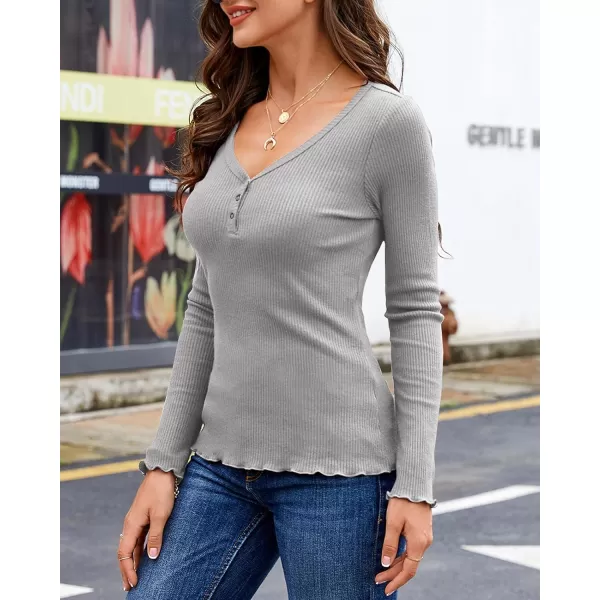 Saodimallsu Womens Henley Shirts Long Sleeve V Neck Button Down Casual Plain T Shirt Tops Blouse TeeGrey