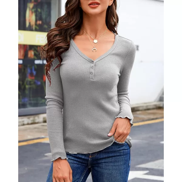 Saodimallsu Womens Henley Shirts Long Sleeve V Neck Button Down Casual Plain T Shirt Tops Blouse TeeGrey