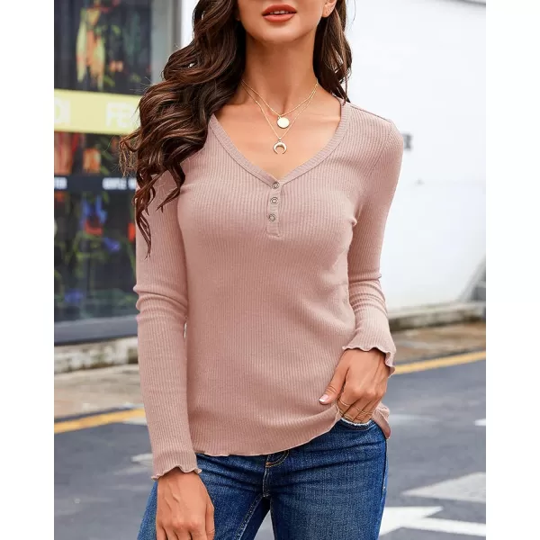 Saodimallsu Womens Henley Shirts Long Sleeve V Neck Button Down Casual Plain T Shirt Tops Blouse TeePink