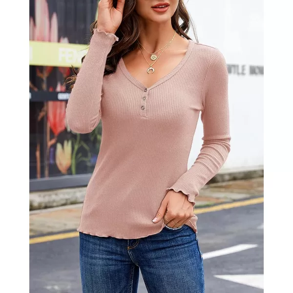 Saodimallsu Womens Henley Shirts Long Sleeve V Neck Button Down Casual Plain T Shirt Tops Blouse TeePink