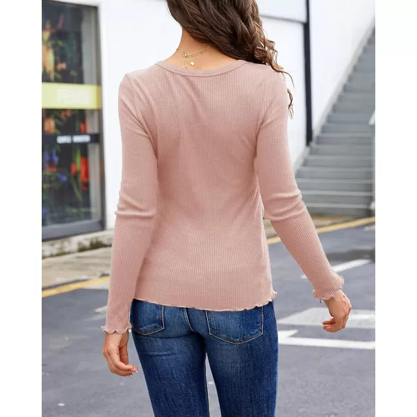 Saodimallsu Womens Henley Shirts Long Sleeve V Neck Button Down Casual Plain T Shirt Tops Blouse TeePink