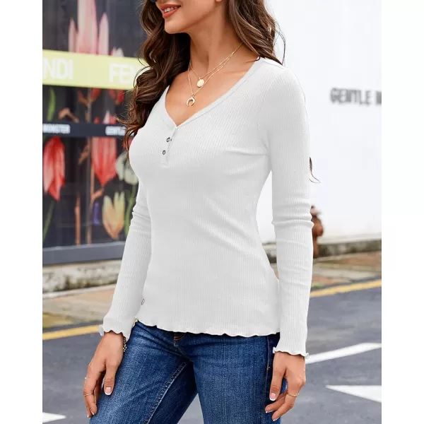 Saodimallsu Womens Henley Shirts Long Sleeve V Neck Button Down Casual Plain T Shirt Tops Blouse TeeWhite