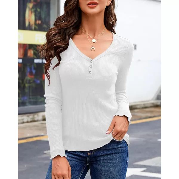 Saodimallsu Womens Henley Shirts Long Sleeve V Neck Button Down Casual Plain T Shirt Tops Blouse TeeWhite