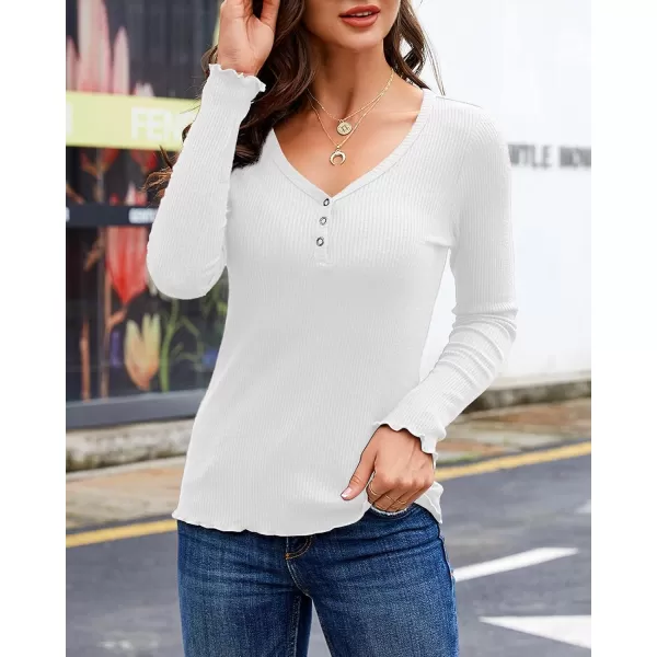 Saodimallsu Womens Henley Shirts Long Sleeve V Neck Button Down Casual Plain T Shirt Tops Blouse TeeWhite