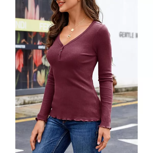 Saodimallsu Womens Henley Shirts Long Sleeve V Neck Button Down Casual Plain T Shirt Tops Blouse TeeWine Red