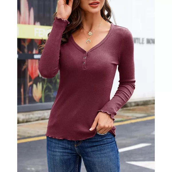 Saodimallsu Womens Henley Shirts Long Sleeve V Neck Button Down Casual Plain T Shirt Tops Blouse TeeWine Red