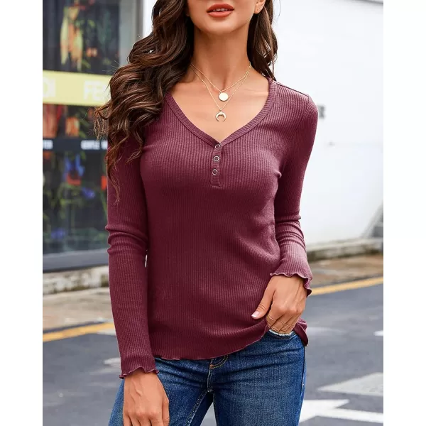 Saodimallsu Womens Henley Shirts Long Sleeve V Neck Button Down Casual Plain T Shirt Tops Blouse TeeWine Red