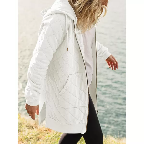 Saodimallsu Womens Quilted Full Zip Hoodie Long Sleeve Sweatshirts Split Hem Coat with PocketsWhite