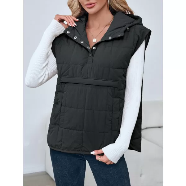 Saodimallsu Womens Quilted Puffer Vest Sleeveless Hoodies Fall Winter Tops with Kangaroo PocketsBlack