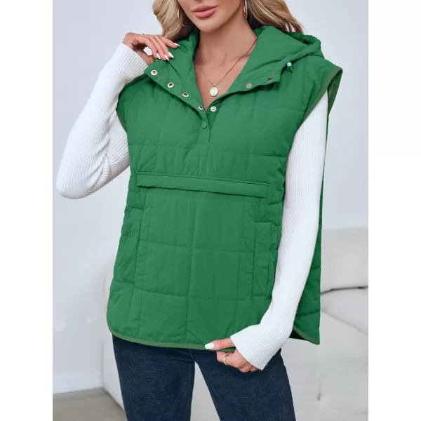 Saodimallsu Womens Quilted Puffer Vest Sleeveless Hoodies Fall Winter Tops with Kangaroo PocketsGreen