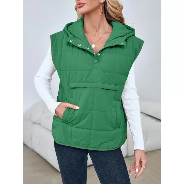 Saodimallsu Womens Quilted Puffer Vest Sleeveless Hoodies Fall Winter Tops with Kangaroo PocketsGreen