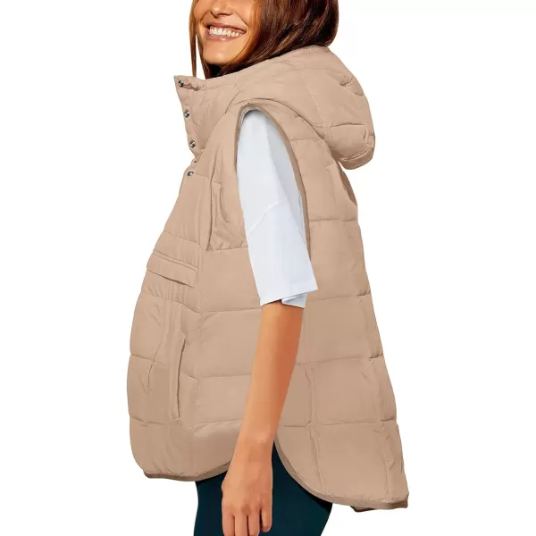 Saodimallsu Womens Quilted Puffer Vest Sleeveless Hoodies Fall Winter Tops with Kangaroo PocketsKhaki