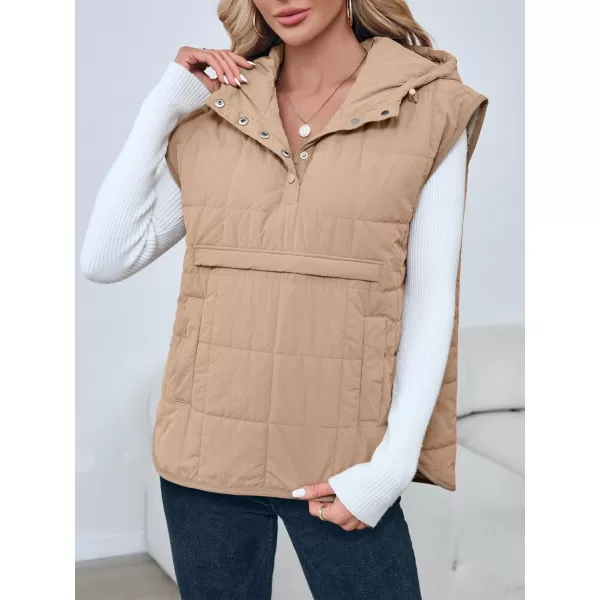 Saodimallsu Womens Quilted Puffer Vest Sleeveless Hoodies Fall Winter Tops with Kangaroo PocketsKhaki