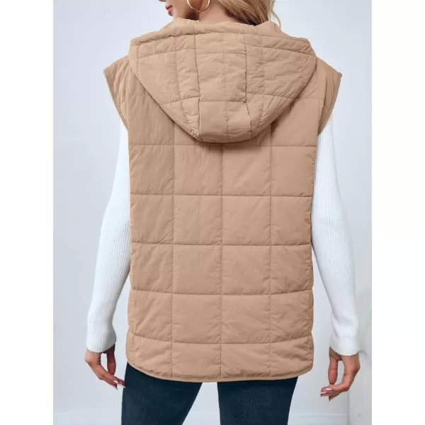 Saodimallsu Womens Quilted Puffer Vest Sleeveless Hoodies Fall Winter Tops with Kangaroo PocketsKhaki