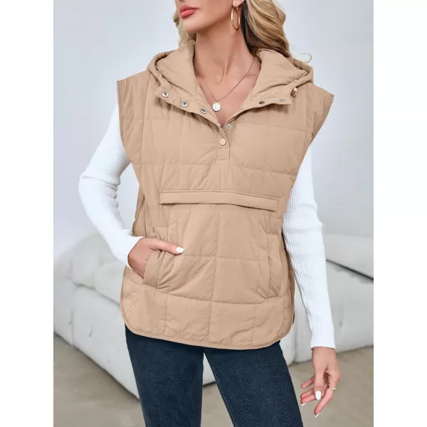 Saodimallsu Womens Quilted Puffer Vest Sleeveless Hoodies Fall Winter Tops with Kangaroo PocketsKhaki