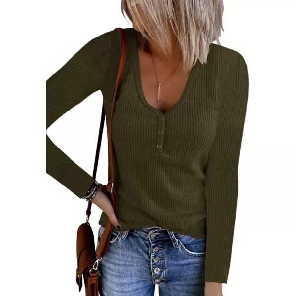 Saodimallsu Womens Henley Shirts Long Sleeve V Neck Button Down Casual Plain T Shirt Tops Blouse TeeArmy Green