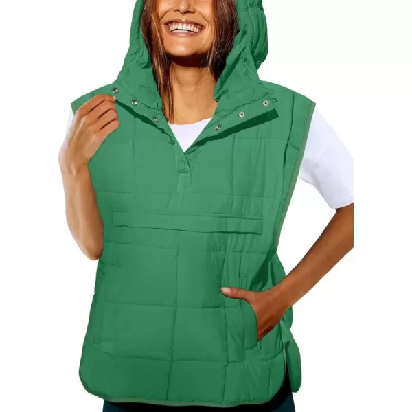 Saodimallsu Womens Quilted Puffer Vest Sleeveless Hoodies Fall Winter Tops with Kangaroo PocketsGreen