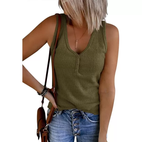 Saodimallsu Womens V Neck Tank Tops Summer Ribbed Sleeveless Henley Shirts Casual Loose Button Up Cami Knit TeesArmy Green