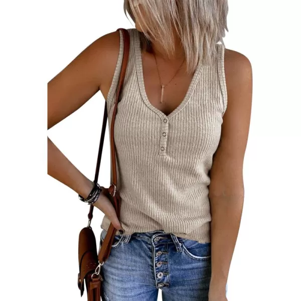 Saodimallsu Womens V Neck Tank Tops Summer Ribbed Sleeveless Henley Shirts Casual Loose Button Up Cami Knit TeesBeige