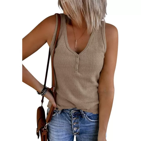 Saodimallsu Womens V Neck Tank Tops Summer Ribbed Sleeveless Henley Shirts Casual Loose Button Up Cami Knit TeesDark Khaki