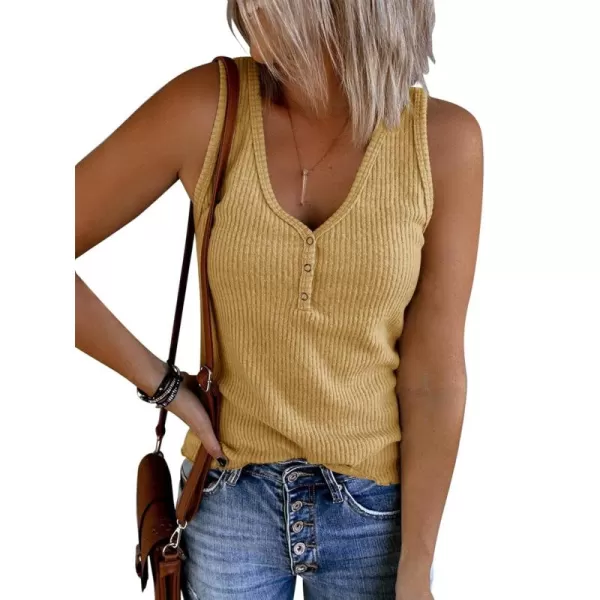 Saodimallsu Womens V Neck Tank Tops Summer Ribbed Sleeveless Henley Shirts Casual Loose Button Up Cami Knit TeesYellow