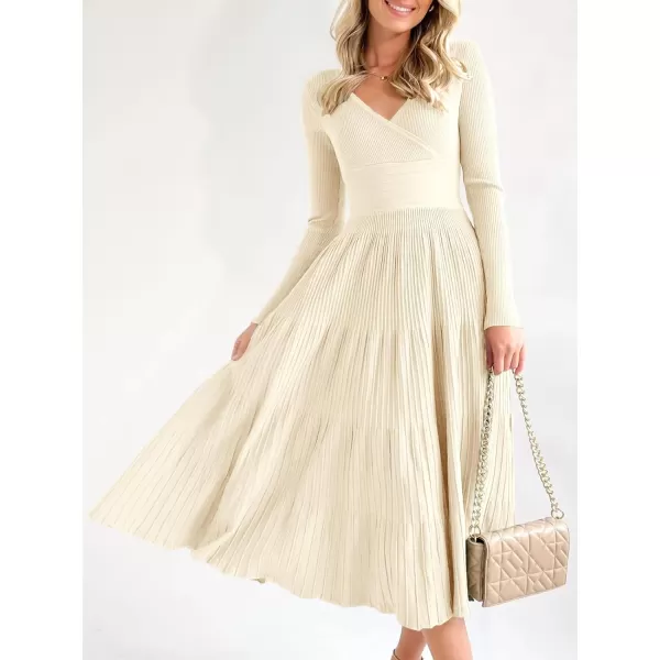 imageSaodimallsu Womens Long Sleeve Midi Sweater Dress Wrap V Neck Pleated A Line Fit Flare Elegant Knit Maxi DressBeige