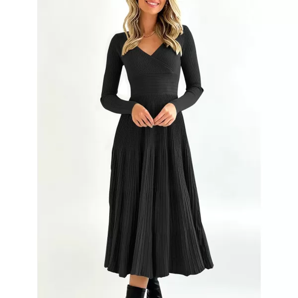 imageSaodimallsu Womens Long Sleeve Midi Sweater Dress Wrap V Neck Pleated A Line Fit Flare Elegant Knit Maxi DressBlack