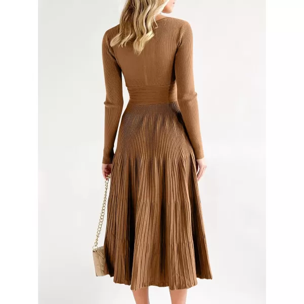 imageSaodimallsu Womens Long Sleeve Midi Sweater Dress Wrap V Neck Pleated A Line Fit Flare Elegant Knit Maxi DressBrown