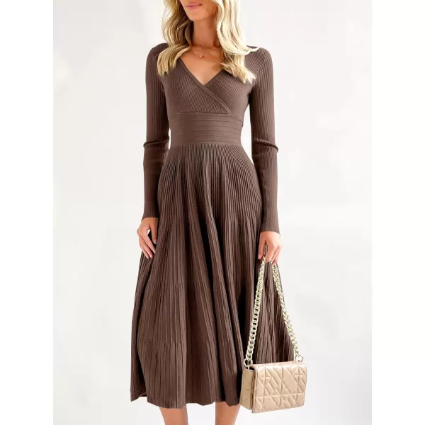 imageSaodimallsu Womens Long Sleeve Midi Sweater Dress Wrap V Neck Pleated A Line Fit Flare Elegant Knit Maxi DressCoffee