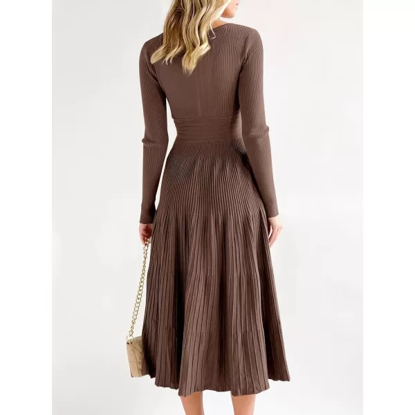 imageSaodimallsu Womens Long Sleeve Midi Sweater Dress Wrap V Neck Pleated A Line Fit Flare Elegant Knit Maxi DressCoffee