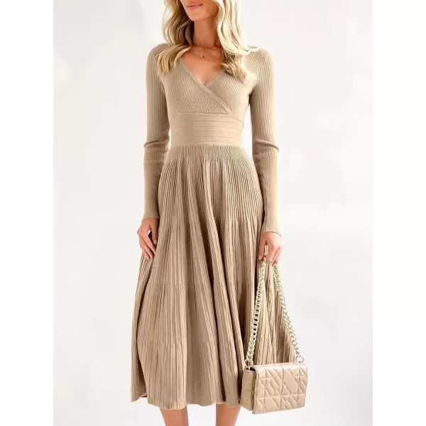 imageSaodimallsu Womens Long Sleeve Midi Sweater Dress Wrap V Neck Pleated A Line Fit Flare Elegant Knit Maxi DressKhaki