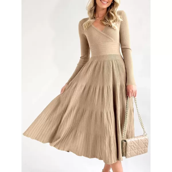 imageSaodimallsu Womens Long Sleeve Midi Sweater Dress Wrap V Neck Pleated A Line Fit Flare Elegant Knit Maxi DressKhaki