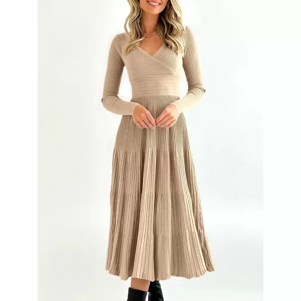 imageSaodimallsu Womens Long Sleeve Midi Sweater Dress Wrap V Neck Pleated A Line Fit Flare Elegant Knit Maxi DressKhaki