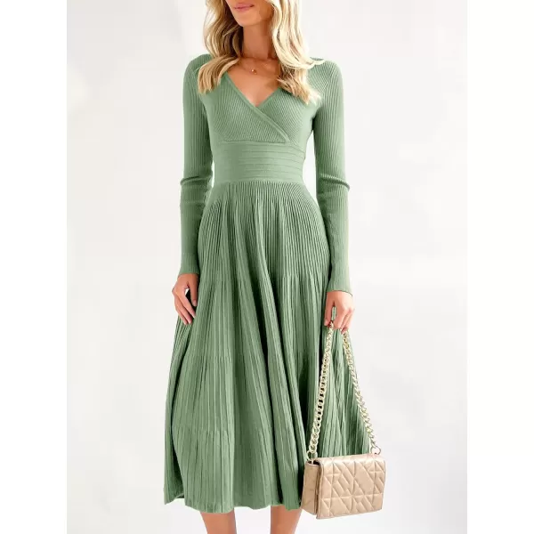 imageSaodimallsu Womens Long Sleeve Midi Sweater Dress Wrap V Neck Pleated A Line Fit Flare Elegant Knit Maxi DressLight Green