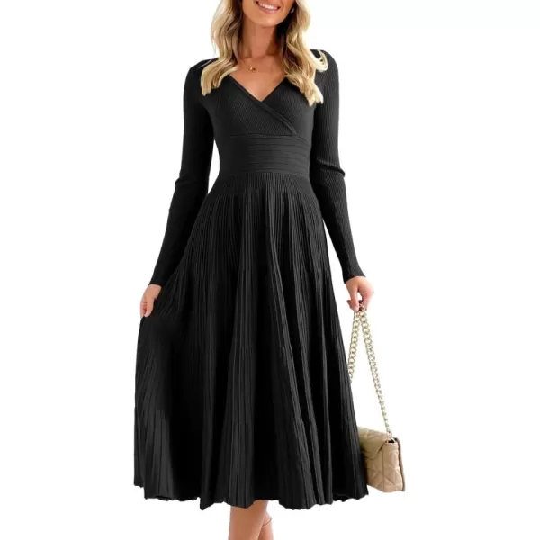 imageSaodimallsu Womens Long Sleeve Midi Sweater Dress Wrap V Neck Pleated A Line Fit Flare Elegant Knit Maxi DressBlack