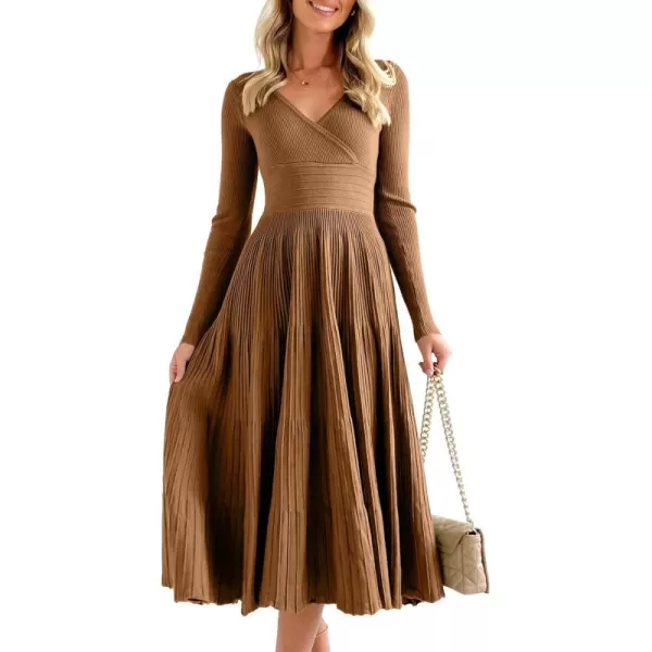 imageSaodimallsu Womens Long Sleeve Midi Sweater Dress Wrap V Neck Pleated A Line Fit Flare Elegant Knit Maxi DressBrown