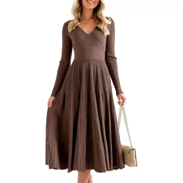 imageSaodimallsu Womens Long Sleeve Midi Sweater Dress Wrap V Neck Pleated A Line Fit Flare Elegant Knit Maxi DressCoffee