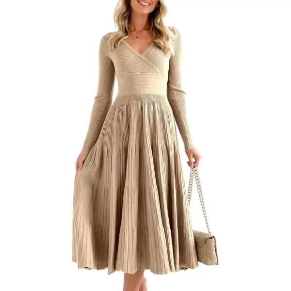 imageSaodimallsu Womens Long Sleeve Midi Sweater Dress Wrap V Neck Pleated A Line Fit Flare Elegant Knit Maxi DressKhaki