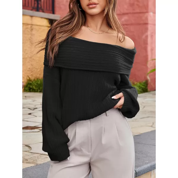 imageSaodimallsu Womens Off The Shoulder Sweater Top Oversized 2024 Fall Batwing Boat Neck Knit Sexy Casual PulloverBlack