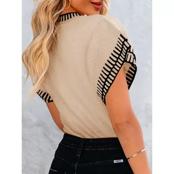 imageSaodimallsu Womens Short Sleeve Sweaters Tops Summer Ruffle Striped Loose Crew Neck Lightweight Soft Shirts Knit SweaterApricot