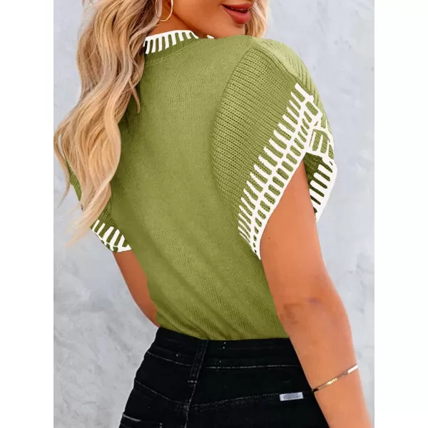 imageSaodimallsu Womens Short Sleeve Sweaters Tops Summer Ruffle Striped Loose Crew Neck Lightweight Soft Shirts Knit SweaterArmy Green