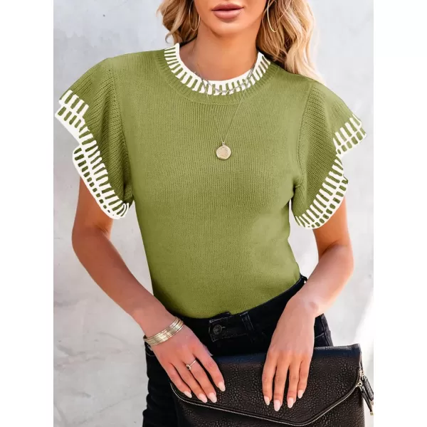 imageSaodimallsu Womens Short Sleeve Sweaters Tops Summer Ruffle Striped Loose Crew Neck Lightweight Soft Shirts Knit SweaterArmy Green