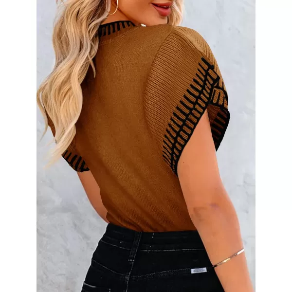 imageSaodimallsu Womens Short Sleeve Sweaters Tops Summer Ruffle Striped Loose Crew Neck Lightweight Soft Shirts Knit SweaterBrown