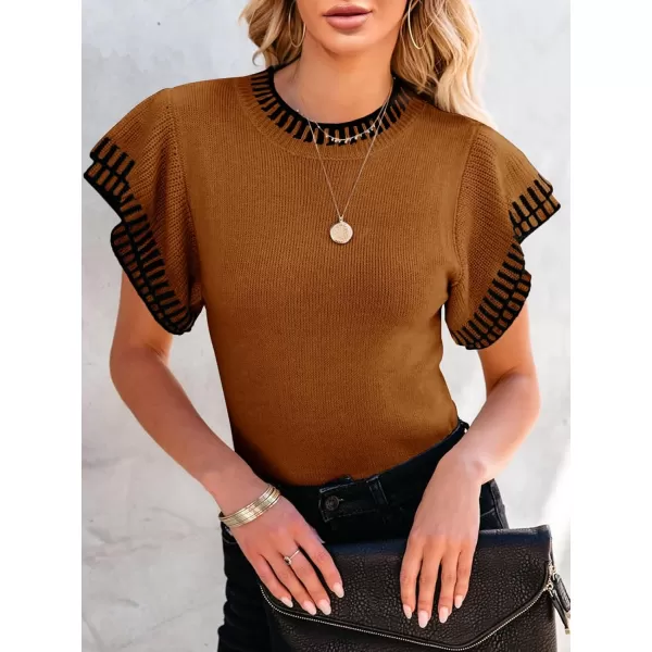 imageSaodimallsu Womens Short Sleeve Sweaters Tops Summer Ruffle Striped Loose Crew Neck Lightweight Soft Shirts Knit SweaterBrown