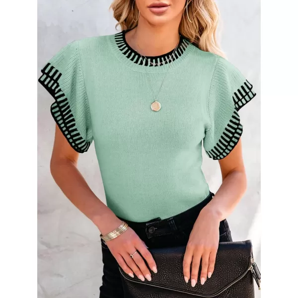 imageSaodimallsu Womens Short Sleeve Sweaters Tops Summer Ruffle Striped Loose Crew Neck Lightweight Soft Shirts Knit SweaterGreen