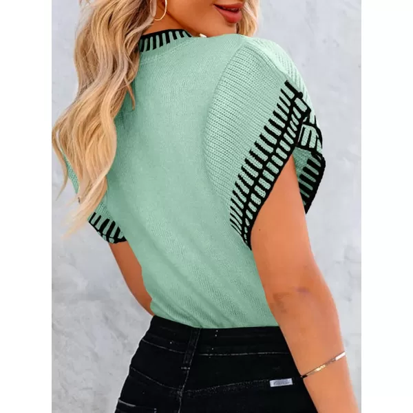 imageSaodimallsu Womens Short Sleeve Sweaters Tops Summer Ruffle Striped Loose Crew Neck Lightweight Soft Shirts Knit SweaterGreen