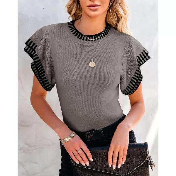 imageSaodimallsu Womens Short Sleeve Sweaters Tops Summer Ruffle Striped Loose Crew Neck Lightweight Soft Shirts Knit SweaterGrey