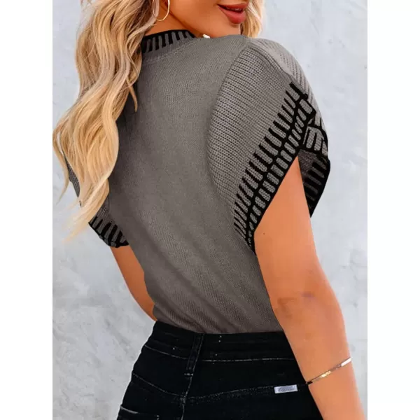 imageSaodimallsu Womens Short Sleeve Sweaters Tops Summer Ruffle Striped Loose Crew Neck Lightweight Soft Shirts Knit SweaterGrey