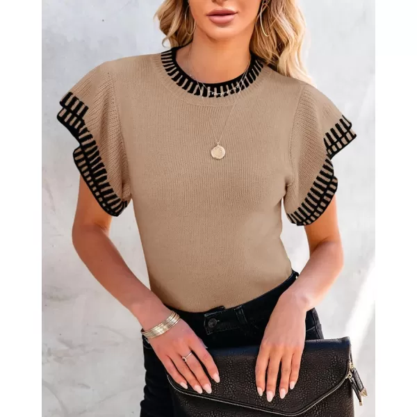 imageSaodimallsu Womens Short Sleeve Sweaters Tops Summer Ruffle Striped Loose Crew Neck Lightweight Soft Shirts Knit SweaterKhaki