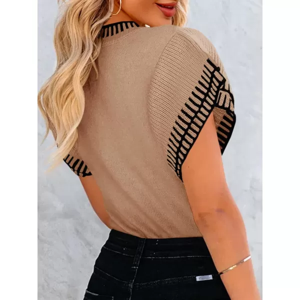 imageSaodimallsu Womens Short Sleeve Sweaters Tops Summer Ruffle Striped Loose Crew Neck Lightweight Soft Shirts Knit SweaterKhaki